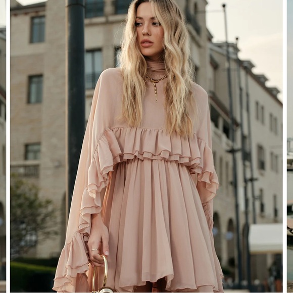 Commense NWT Pink Blush Semi-Sheer Chiffon Ruffle Dress With Outer Cape Set XS - Picture 3 of 8